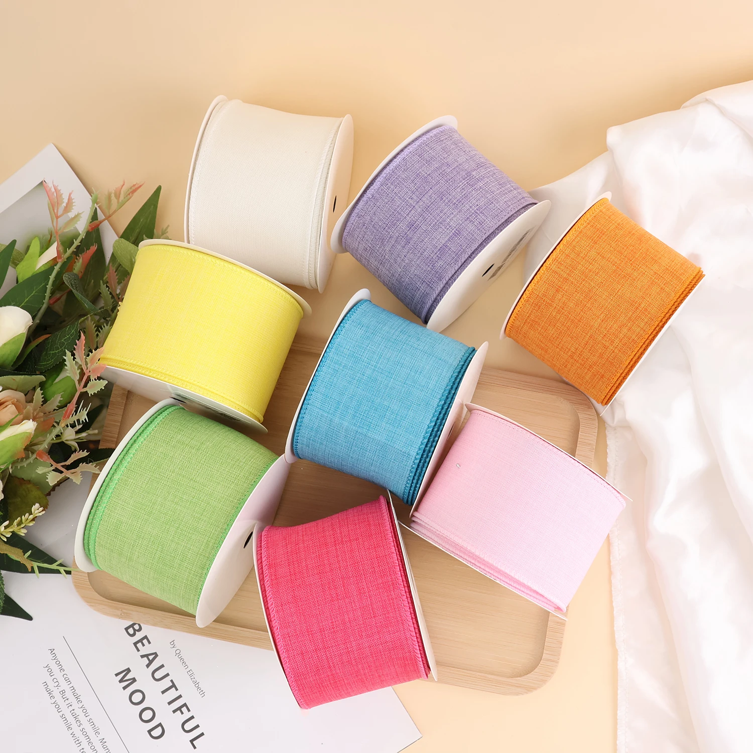 Midi Stock Solid Colors Fine Linen Burlap 63MM Width Christmas Wired Edge Ribbon For Wreath Tree Decoration