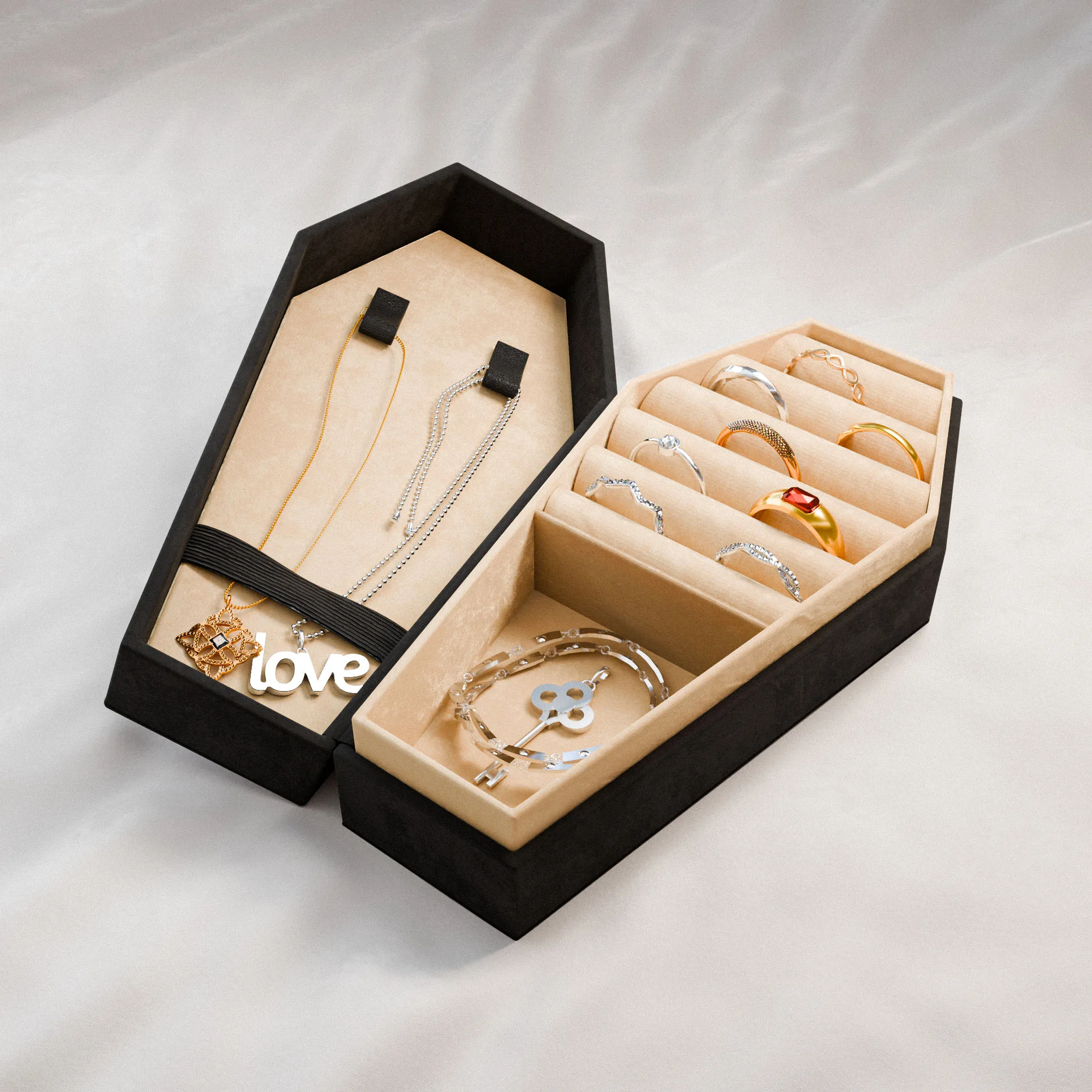 Small Coffin Shaped Black Velvet Jewelry Rings Earrings Organizer Packaging Boxes