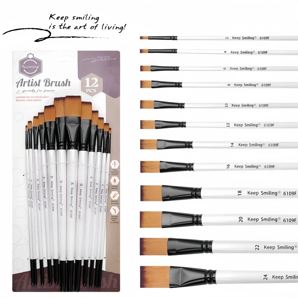 Keep Smiling 12 Pcs Pearl White Barrel Nylon Oil Flat Hair Shape With Wood Handle Artist Painting Brush