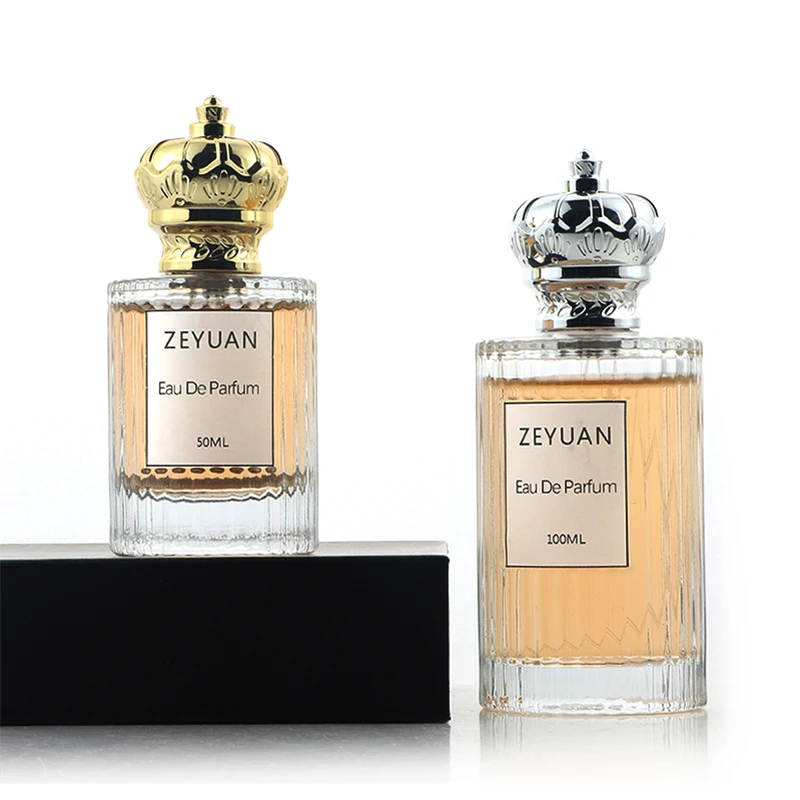 Wholesale Luxury 50ml & 100ml Glass Cylinder Perfume Bottle Gold Silver Crown Cap Arabic Parfum Flacon