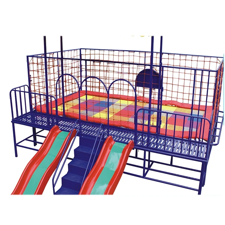 Square trampolines kids play outside with slide and enclosures, jumping bed for kids