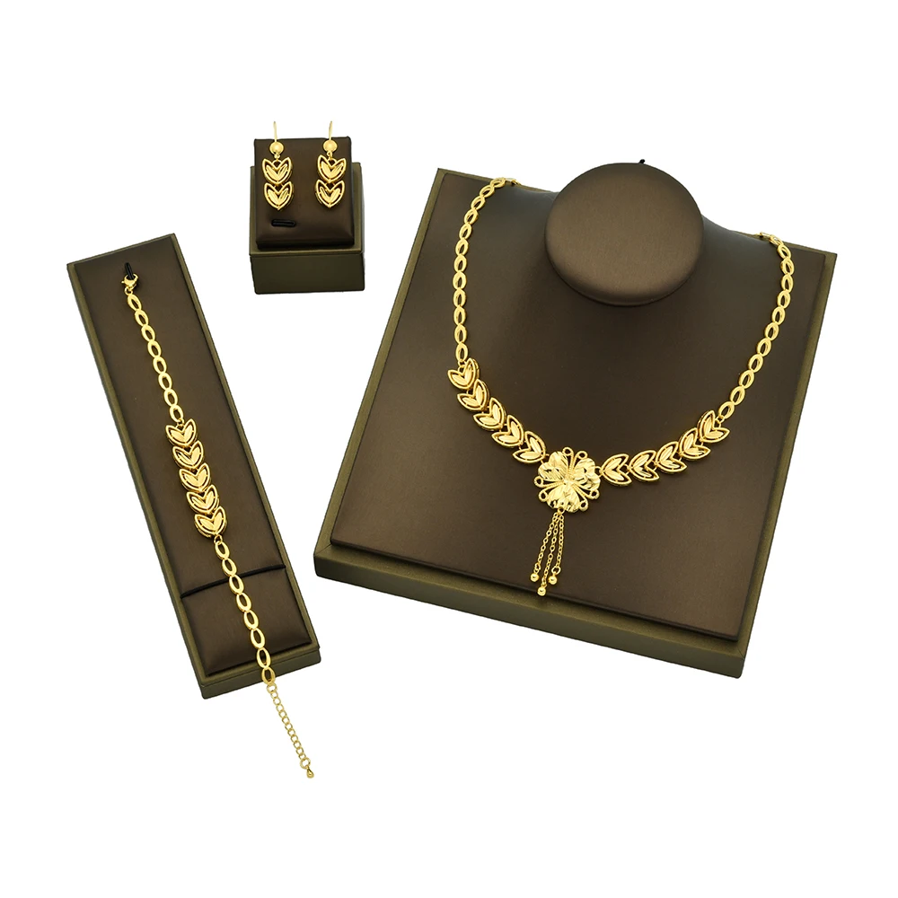 Factory Price 24K Gold Plate Necklace/Earrings/Bracelet Indian Woman Italian Gold Bridal Jewellery Set