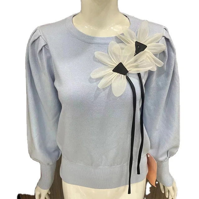 New Design Casual elegant custom logo Crew neck sweater Embroidery flower knitwear women cashmere sweater women