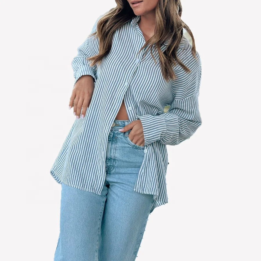 Customized Modest Loose Fit Striped Long Sleeve Shirt Plus Size Lightweight Blouse Casual Women Tops Blouses