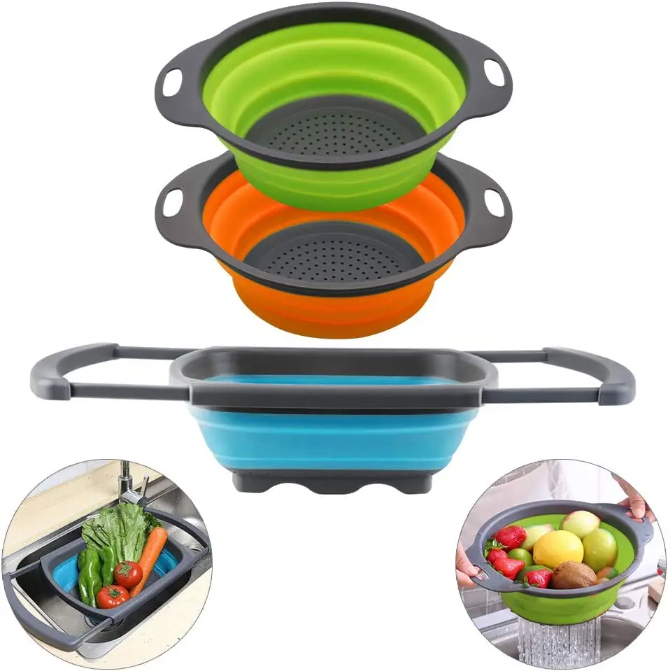 Collapsible Colander Set Over the Sink Colander Sturdy Plastic Base - Round Space-save Silicone Kitchen Foldable Food Strainer