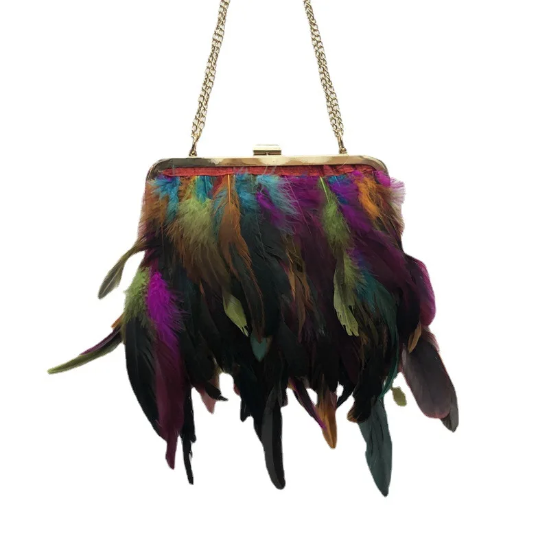 Lady fashion feather party clutch women colorful customized feather bags with chain