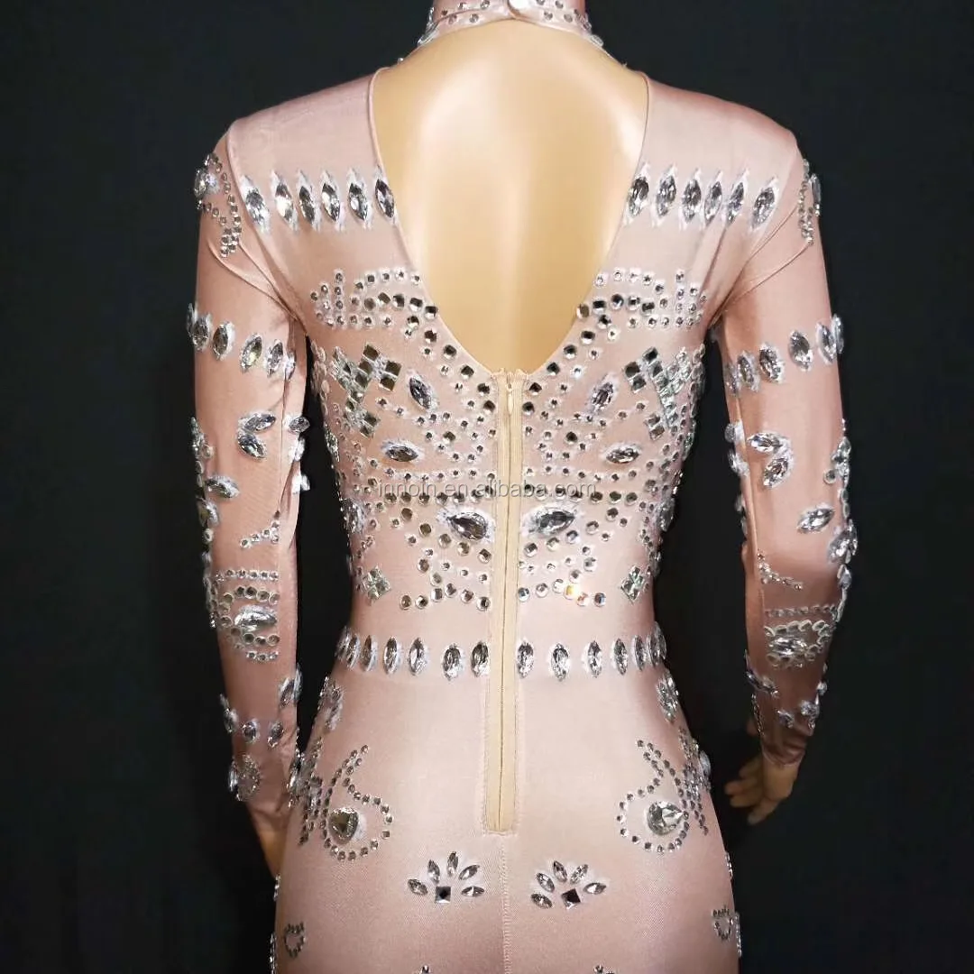 Women Ballroom Dance Costume Stretched Rhinestone Jumpsuit Crystal Siamese Drill Leotard Tights Disco Wear Outfit Singer DS