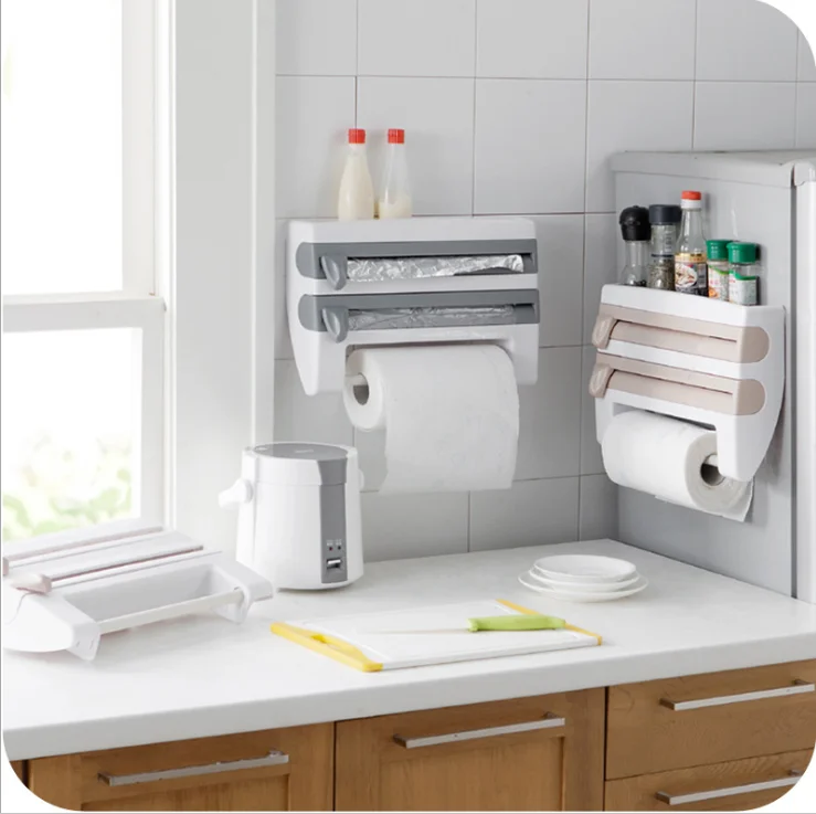 Wall Mounted 4-in-1 paper Towel Foil kitchen wrap Dispenser Cling Film Roll Holder Cutter with spice Storage Rack