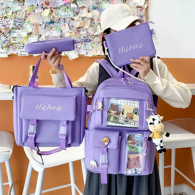 Mherder 4 предмета в комплекте детская школьная сумка Kawaii школьный рюкзак для девочек-подростков с противоугонной системой медведем