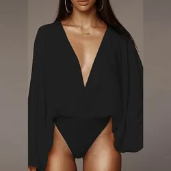 Pleated Loose V-neck Long Sleeve Sexy Lingerie Bodysuit for Women