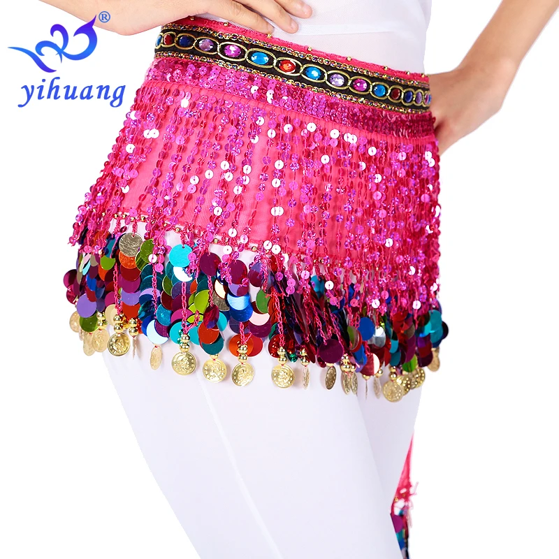 Women Hot Sale Halloween Costumes Hip Skirt Sexy Sequined Tassel Bellydance Hip Scarf Festival Wrap Mini Skirt with Sequins Coin
