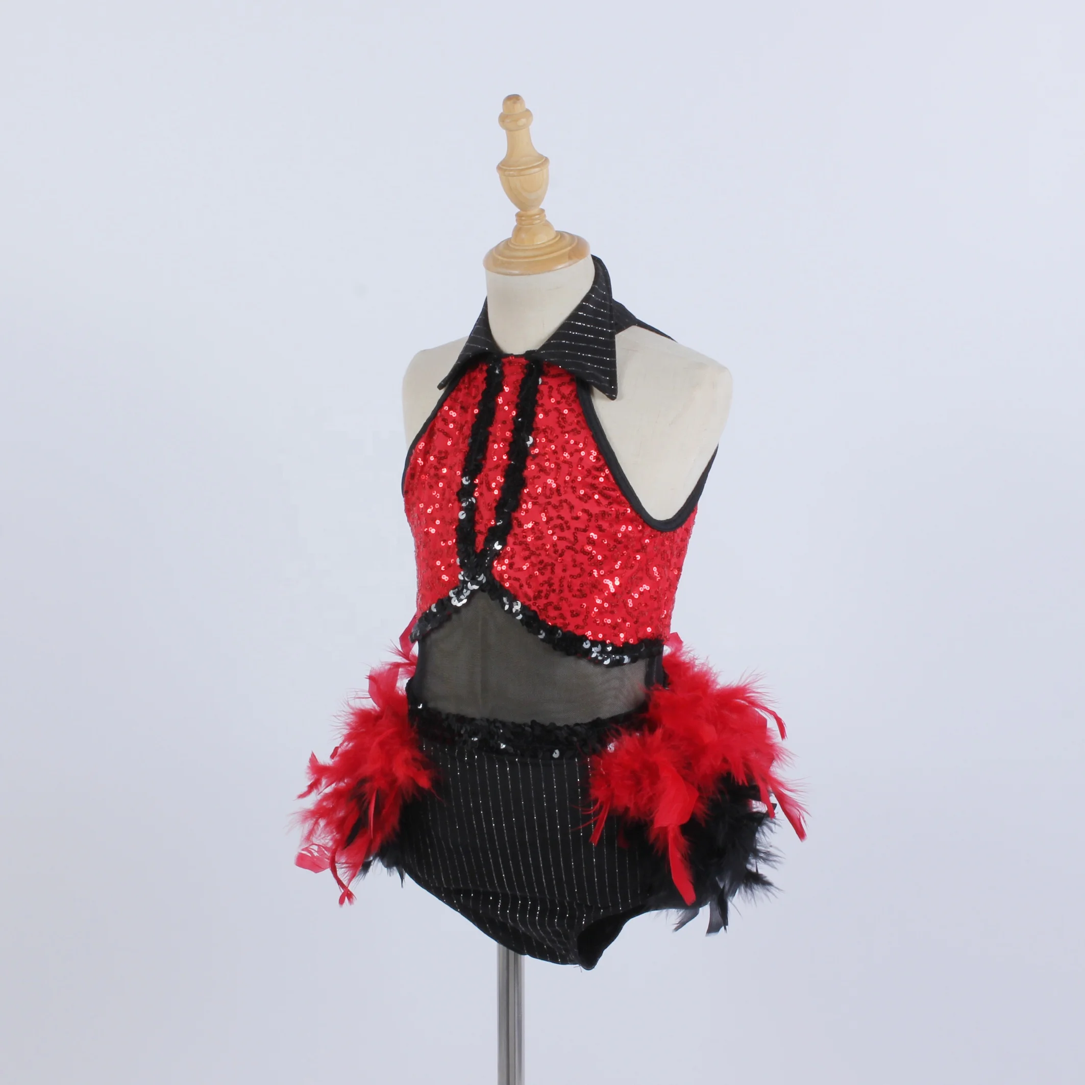 Competition High Quality red Sequin dance wear black red Feather Jazz Dance costume stage performance dance leotard
