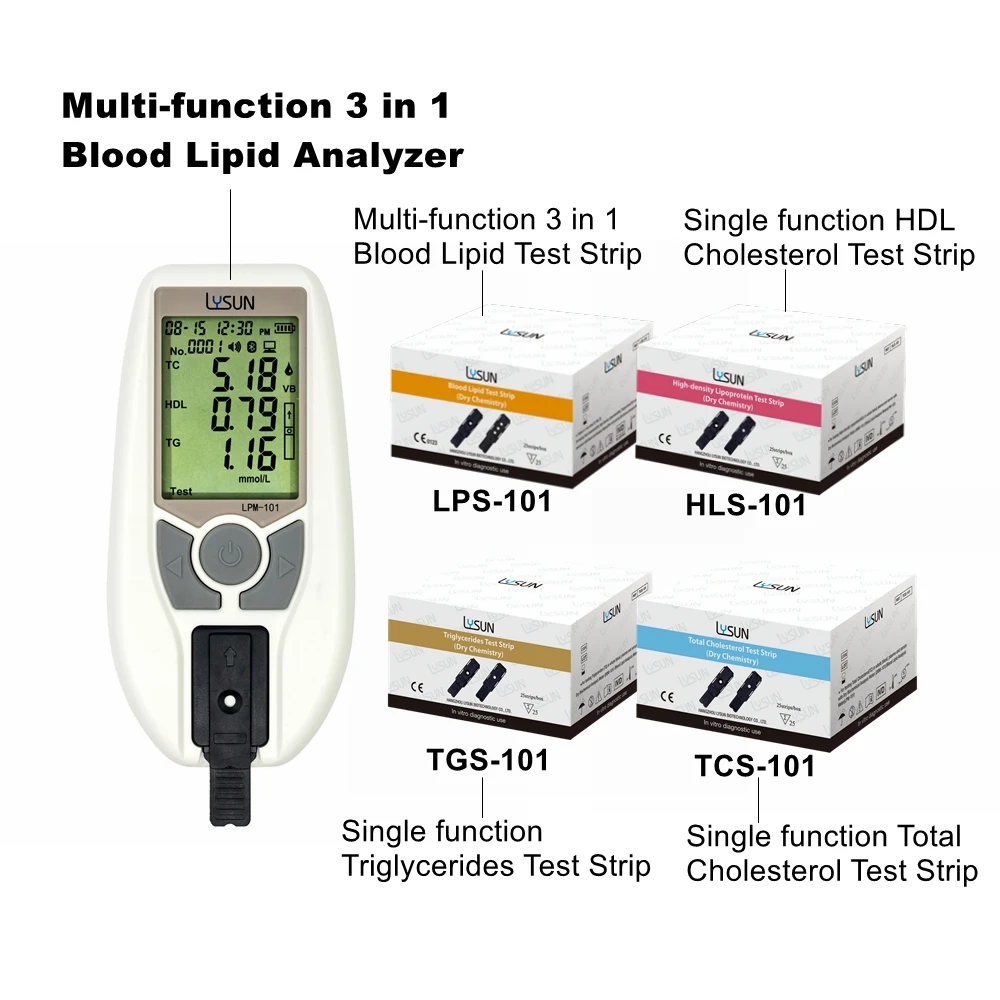 LYSUN LPM-101 Hospital Clinical 3 In 1 Portable Blood Lipid Tests Monitor Home Use Cholesterol Meter Lipid Analyzer