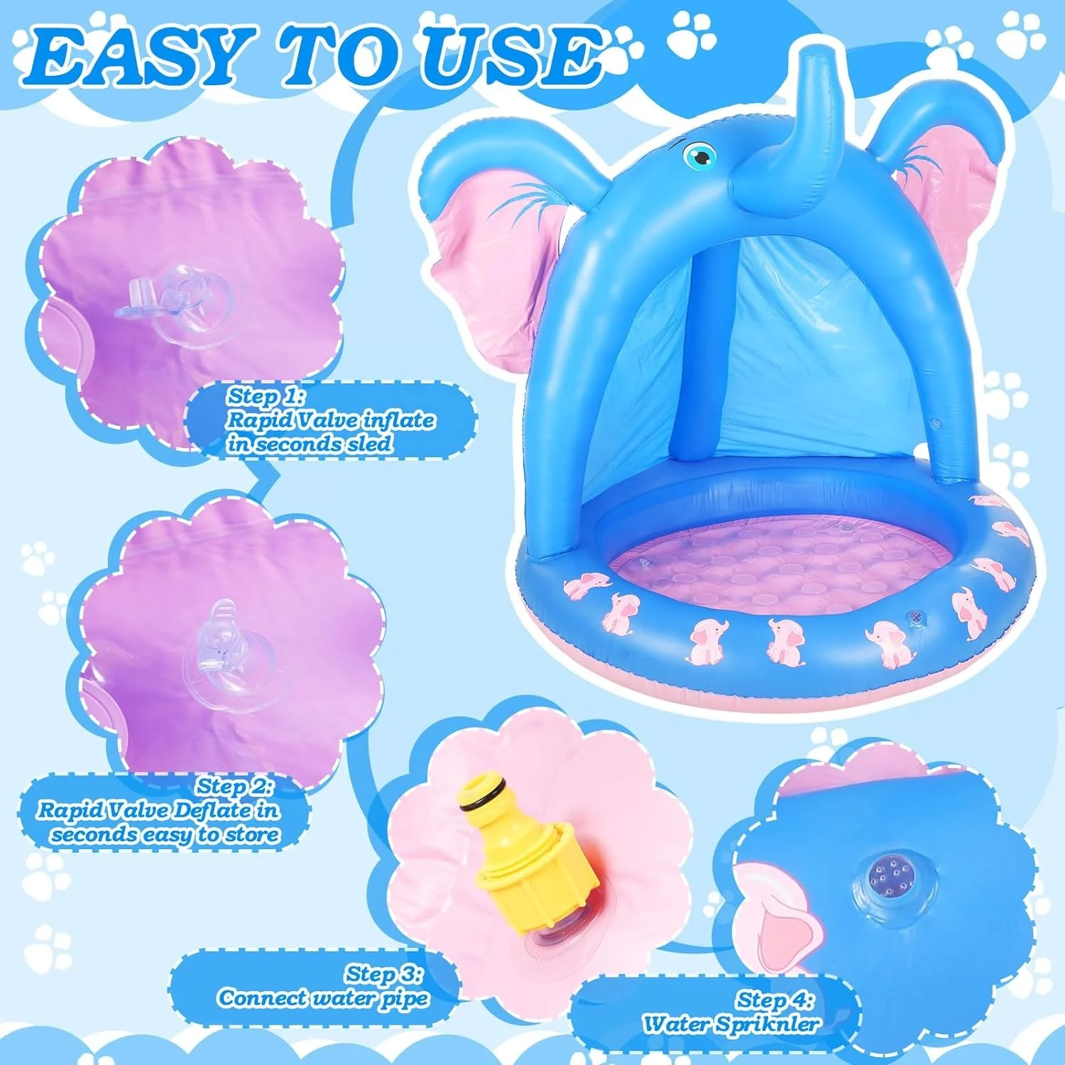 47 Inches Baby Pool with Canopy Elephant Inflatable Baby Swimming Pool with Soft Floor Bottom and  Water Sprinkler