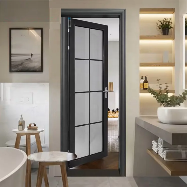 Office cafe slide and frameless shower swing bathroom design black aluminum casement kitchen partition toilet door frosted glass