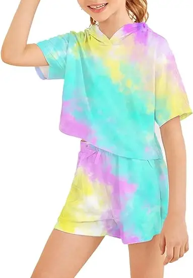 High Quality French Terry Tie Dye Girls Clothes Two Piece Short Set Summer Breathable Kids Clothing Sets