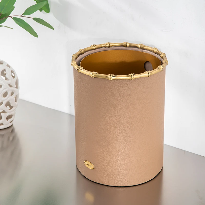 Hotel metal bins custom Luxurious Palace Brass Wastebasket  High-grade leather rubbish bin can be customised with logo