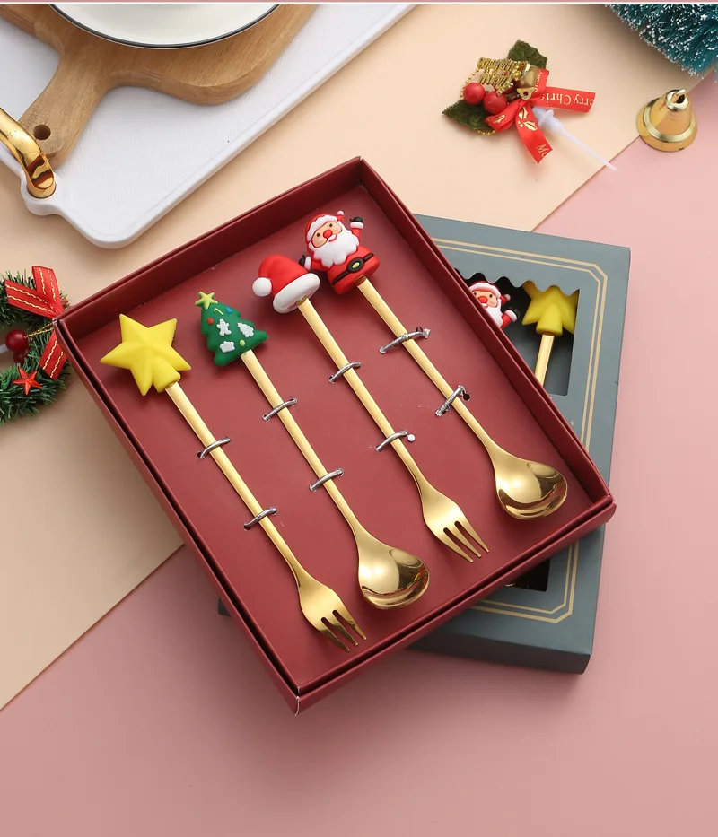 Hot Seller  Stainless Steel Spoon Christmas Tree Coffee Stirring Spoon Dessert Fruit Fork Doll Spoon Fork Tableware Gift Set