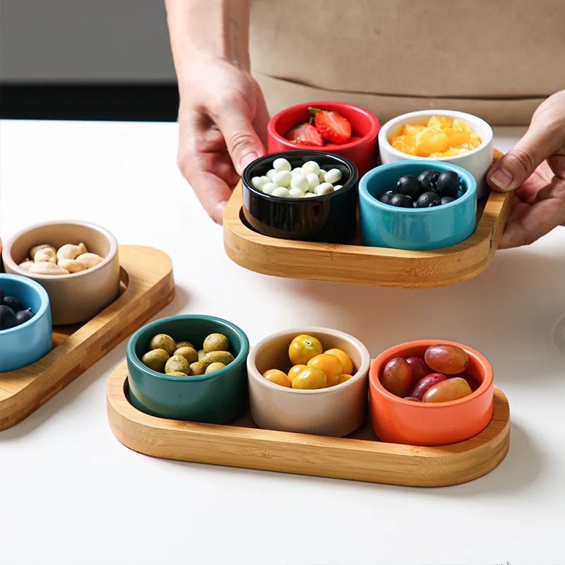 Classic design top quality colored glaze ceramic snacks bowl small porcelain food storage bowl with bamboo tray for restaurant