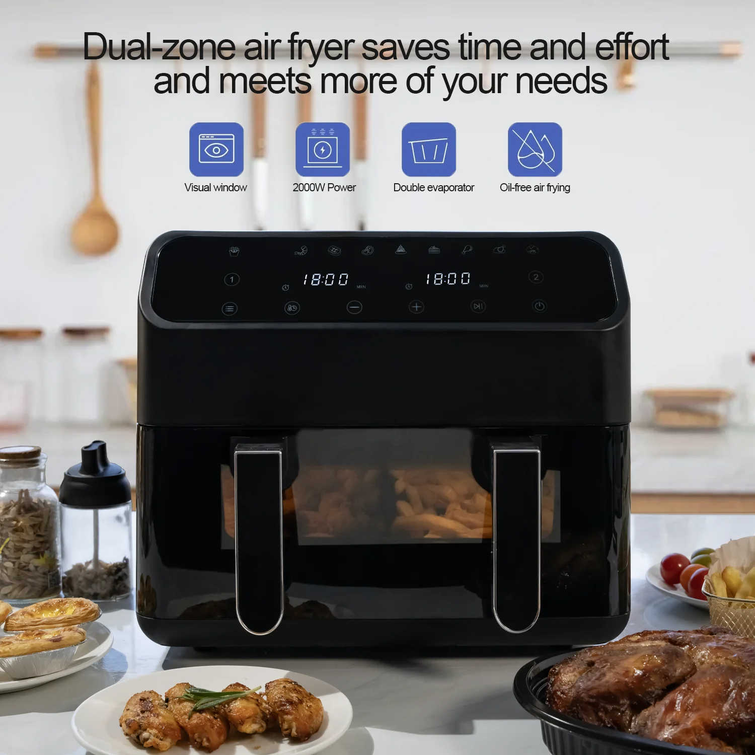 High Quality 8L/7.6Q Multi-functional Electric Oil Free Kitchen Appliances Digital Smart Cooker Dual Basket Air Fryer oven