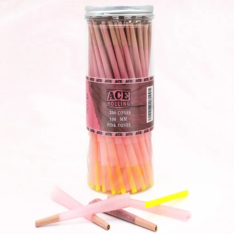 Oem Order Slow Burning 108Mm Rolling Paper Smoking Custom 100% Organic Arabic Gum Pink Hemp Pre Rolled Cone