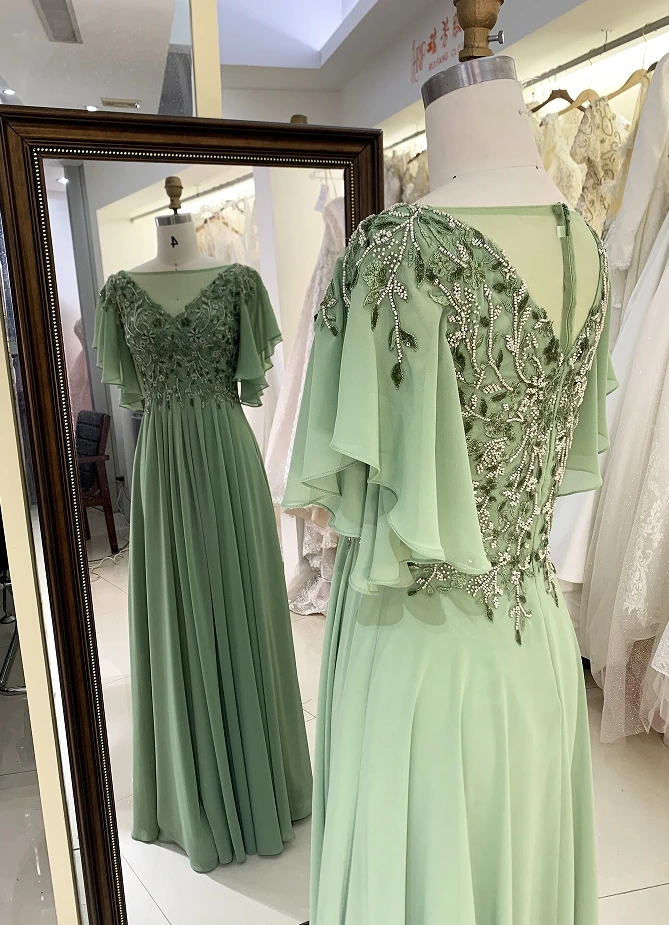 2024 sage green puff sleeve embroidery beading round neck zipper up back chiffon skirt mother of the bride dresses