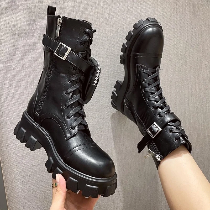 Anti-slip Thick Sole Lace Up Winter Boots Women Platform Pocket Ornament Sexy Short Booties Ankle Boots Zipper Buckle Strap