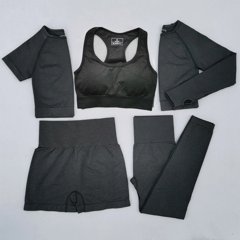 
5pcs women vital seamless yoga set workout sport wear gym clothing short long sleeve crop top high waist leggings sports suit 