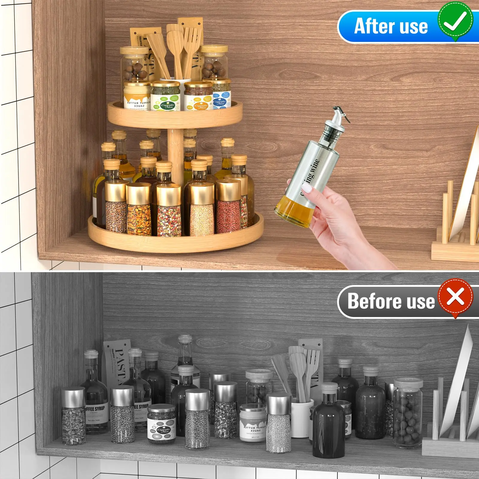 2 Tier Bamboo Lazy Susan Organizer for Kitchen Turntable for Cabinet Turntable Organizer for Cabinet Pantry Table Organization