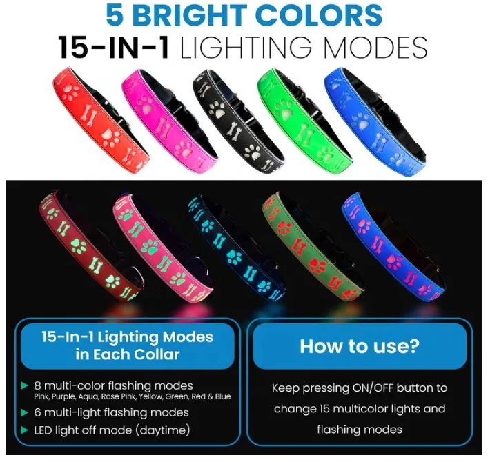 2024 waterproof LED Pet Collars Adjustable color LED Collars for Dogs Night Anti-Lost Dog Products Electronic Pet LED Dog Collar