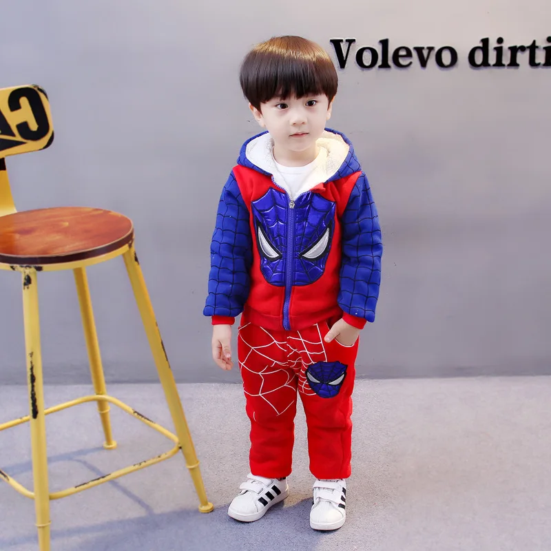 Autumn Winter Spiderman Baby Boy Sweatshirt Zipper Hoodies+Pant Plus Velvet Thicken Warm Children Outfits Costume Kids Clothes