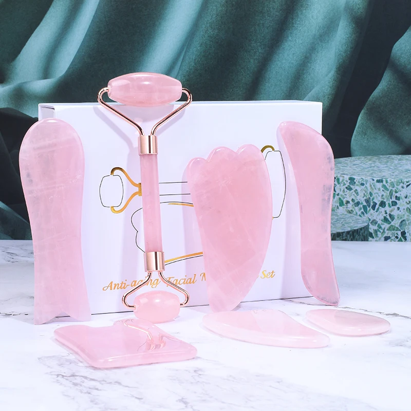 Ролик для лица из натурального розового хрусталя и гуаша массажный инструмент для подтяжки кожи лица из розового кварца нефритовый ролик для лица Gua Sha набор