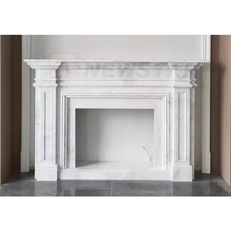 Newstar Stone Modern Unique Luxury Design Minimalist Carving Indoor White Natural Marble Fireplace