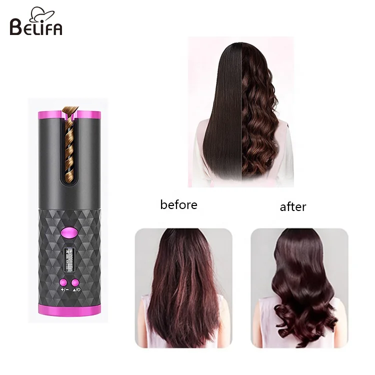 Hair curling iron with 6 temperature portable ceramic usb rechargeable wireless cordless auto automatic rotating hair curler