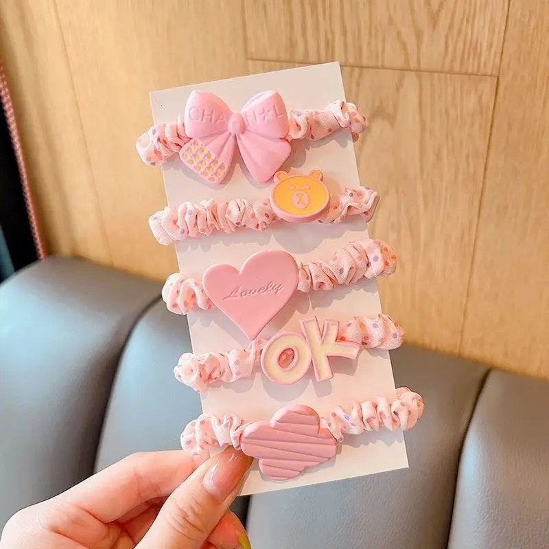 BELLEGIRL Korean style new simple design elastic hair bands 5pcs Cartoon flower heart bow does not seam kids hair bands for gift