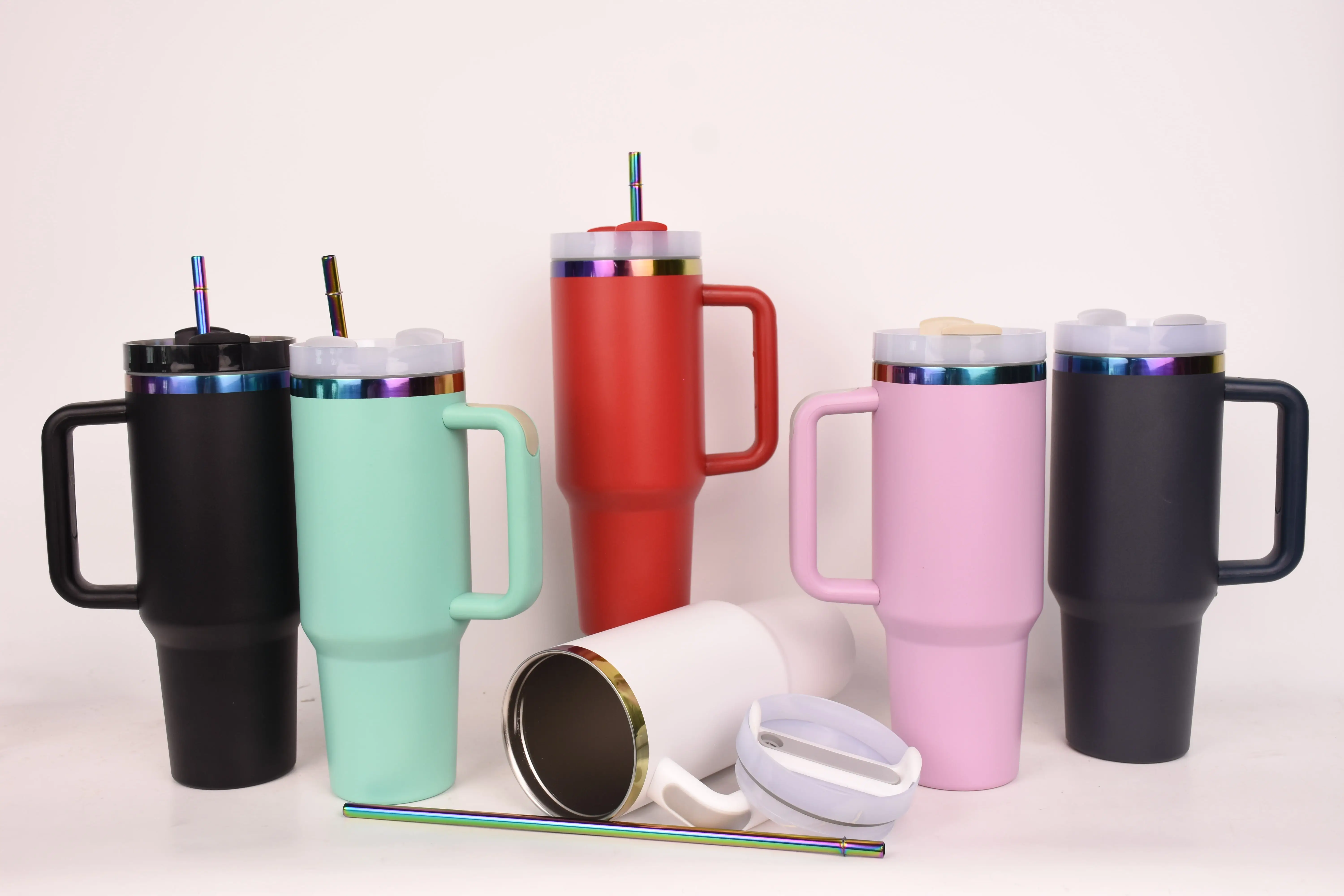 2024 New Travel Mug Cup Custom logo 304 Double Wall Stainless Steel Vacuum Rainbow 40oz Sublimation Tumbler with Handle