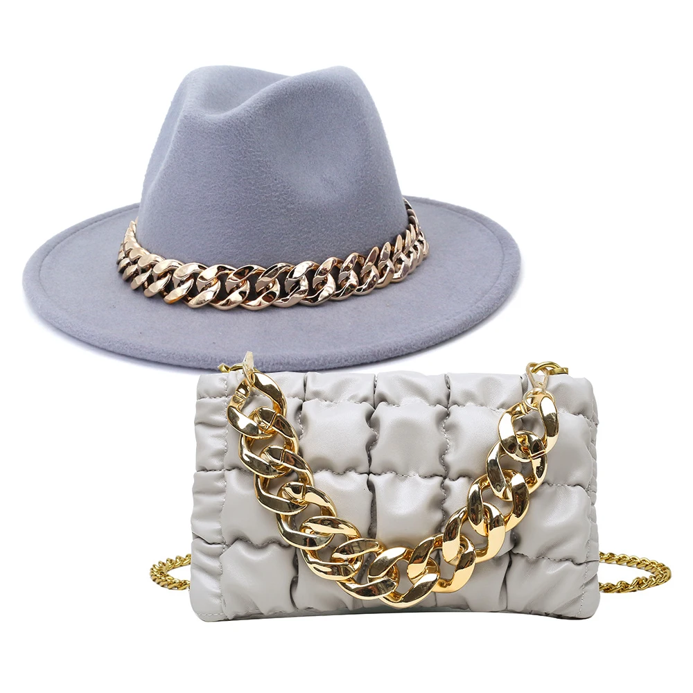 2022 Ladies Small Square Hand Purses Girl Metal Chain fedora hats and purse set Shoulder Bags Quilted PU Leather Handbags Women