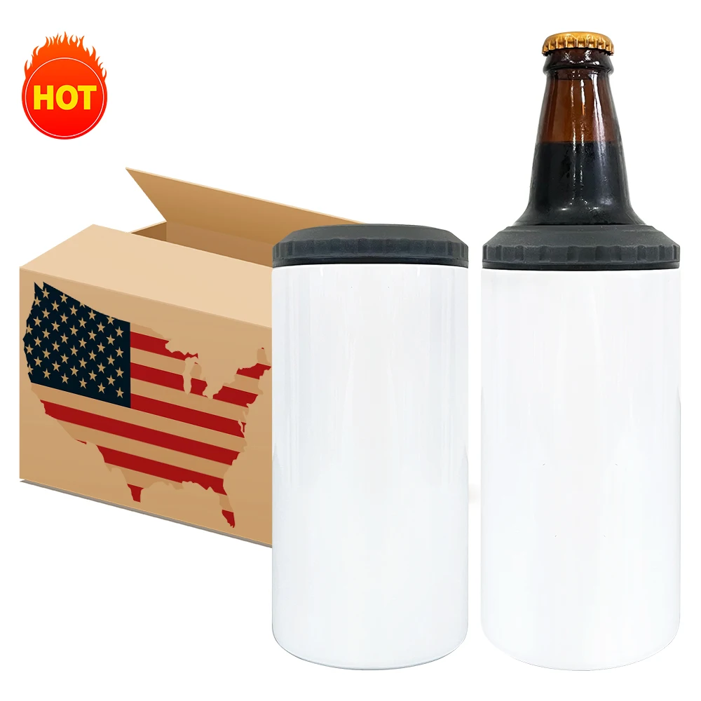 USA warehouse Water beer coffee 4-in-1 Insulated Can & Bottle Coolers dual lids Sublimation Skinny Can Cooler with flip top lid