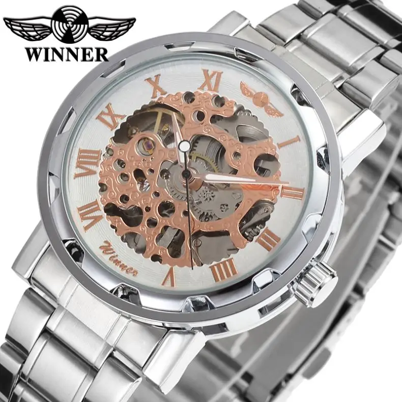 WINNER 8008 classic silver male mechanical watch low cost Stainless steel band water resist auto transparent moq 1 watch kit