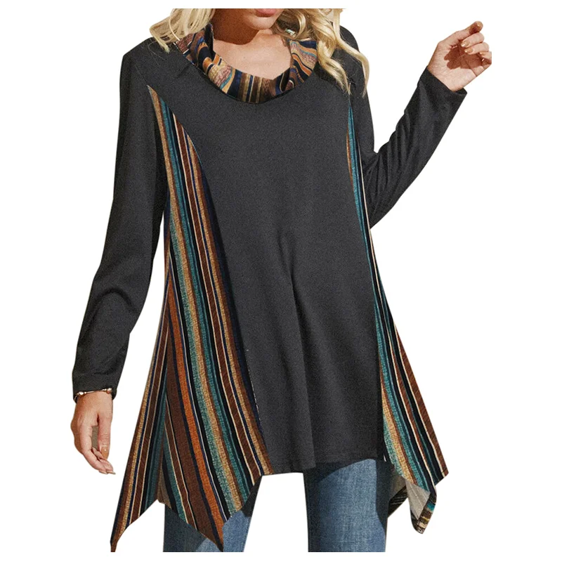 Plus Size Black Stripe Pull On Long Tunic Long Sleeve Top Ladies Asymmetric Woman Tops Fashionable