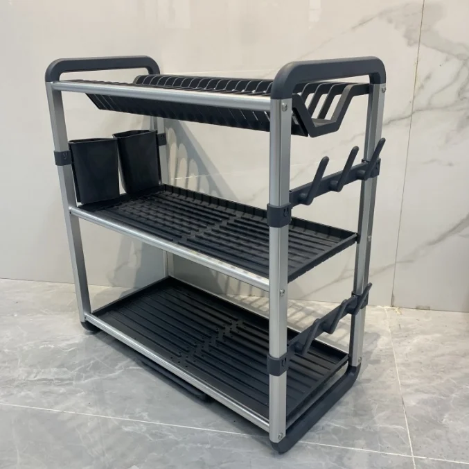 Storage Holder Dish Drying Rack Kitchen Organizer Drain Bowl Plate Rack 2 Tier Aluminum Dish Drainer Rack with Cup Holder