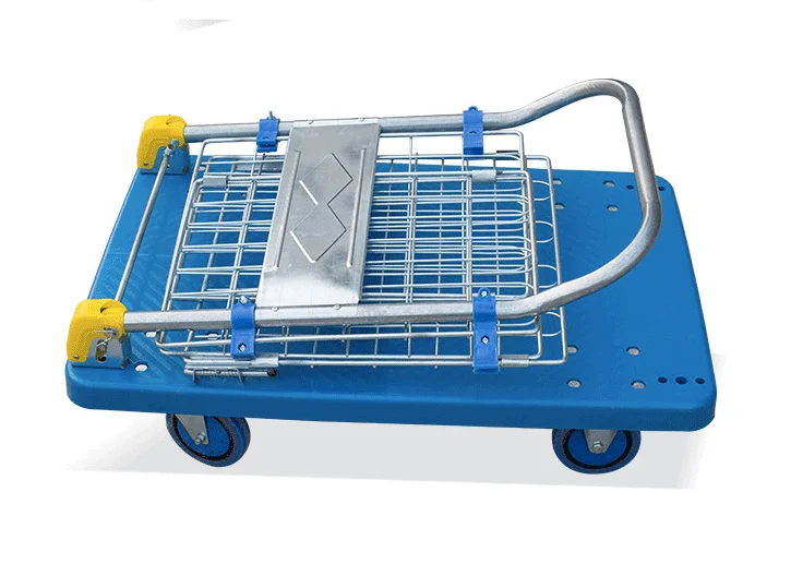 Good Price Foldable Platform Trolley Hand Truck Heavy Duty Plastic Dolly with Wire Mesh Handcart Basket Dolly