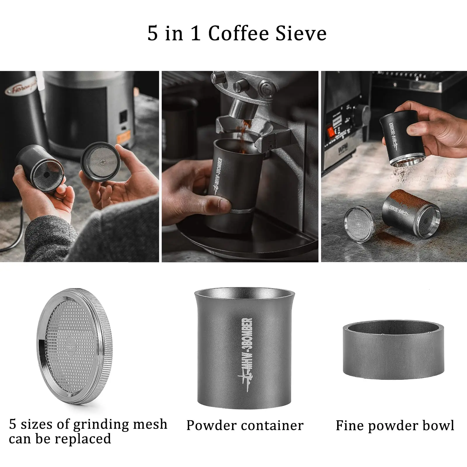 MHW-3BOMBER Fine Mesh Coffee Sieve Strainer 5 Pieces Set Espresso Sifter Food Strainers Professional Home Barista Accessories