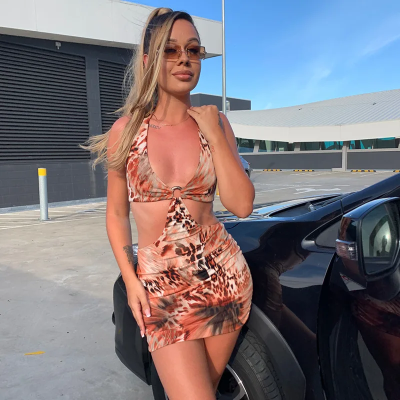 
Fashion Boutique Summer Beach Women Girls Club Sexy Sleeveless Backless Tie Dye One Piece Mini Tight Bodycon Dress 