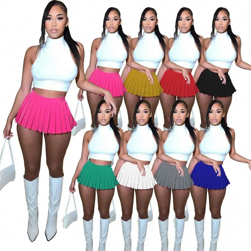 Women Clothing Fashion Dress High Waist Pleated Skirt Candy Colors Mini A-line Stitching Tennis Hem Girls Dance Skirts For Women