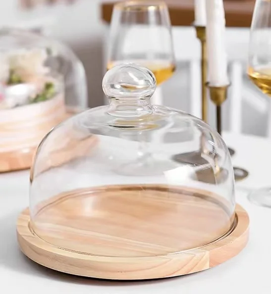 Diyue Stock 6 8 10 Inch Rubber Wood Wedding Cake Display Acacia Wood Round Wood Server Cake Stand Lazy Susan with Glass Dome