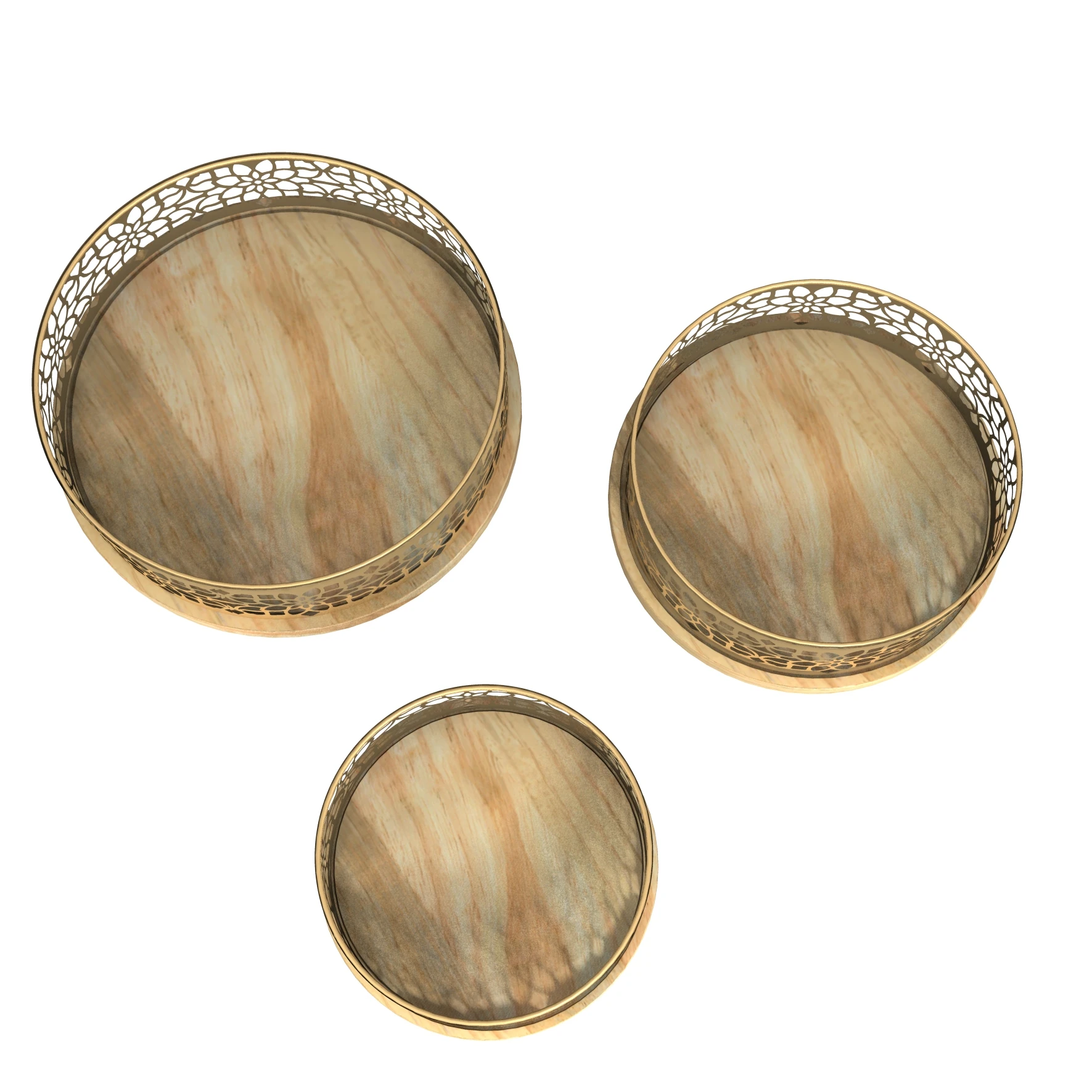 Ramadan Gold Round Wooden Storage Tray for Living Room Kitchen Set of