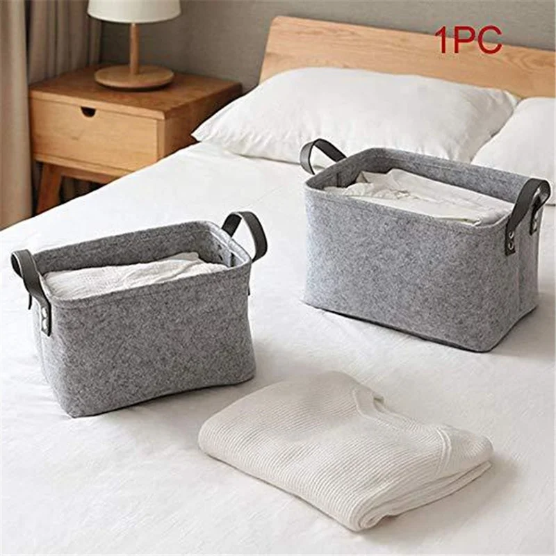 Foldable And Durable Gray Felt Cloth Portable Storage Basket Dirty Clothes Storage Box for Toy with PU Leather Handles