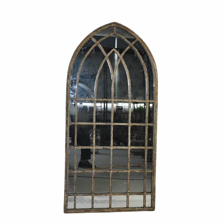 Wholesale Vintage Shabby Chic Arch Window Mirror Large Rustic Framed Stand Mirror for Home Decor Iron and Wood Frame