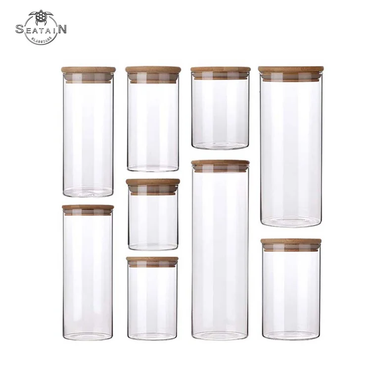 Borosilicate Glass Storage Jar With Bamboo Lid For Tube Shaped Glass Storage Jar For Glass Spice Jar With Wooden Lid